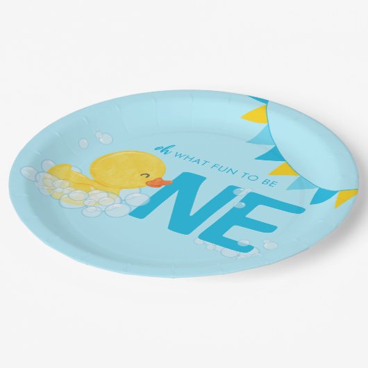 Lichtblauwe Waterverf Rubber Duck ONE 1e Verjaarda Papieren Bordje (Gekanteld)