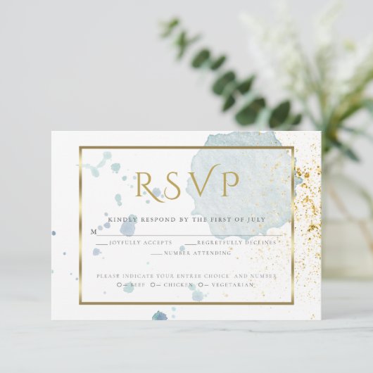 Lichtblauwe Waterverf Spletters Maaltijdkeuze RSVP (Staand voorkant)