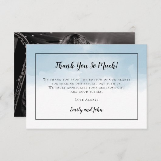 Lichtblauwe Waterverf Zwart Script Foto Bruiloft Bedankkaart (Voorkant / Achterkant)