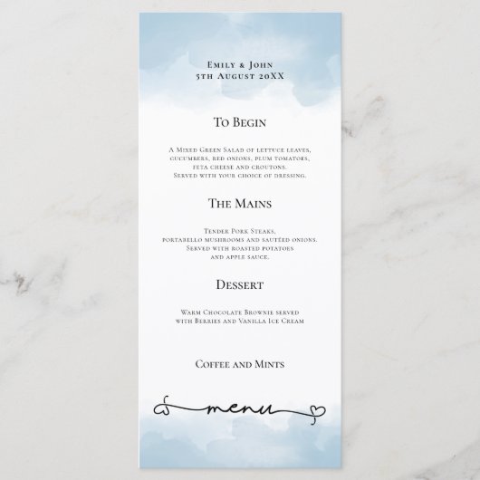 Lichtblauwe Waterverven Heart Swash Wedding Menu (Voorkant)