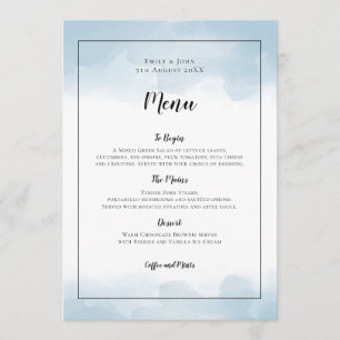 Lichtblauwe Waterverven Zwart Script Bruiloft Menu
