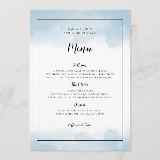 Lichtblauwe Waterverven Zwart Script Bruiloft Menu (Voorkant)