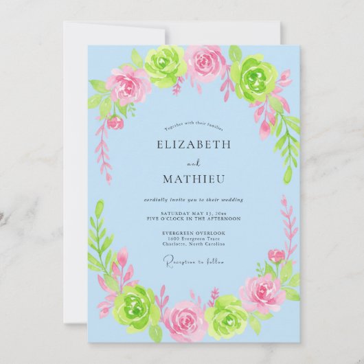 Lichtblauwe Whimsical Bloom Bruiloft Kaart (Voorkant)