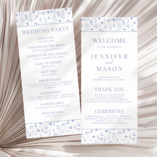 Lichtblauwe wilde bloem rustieke bruiloft programm