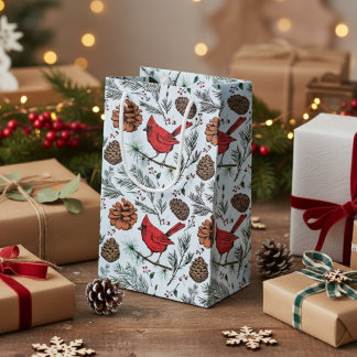 Lichtblauwe winter Perched Red Cardinal & Pine Con Klein Cadeauzakje