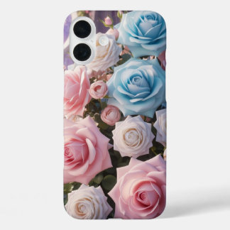 Lichtblauwe, witte en roze rozen iPhone 16 plus hoesje