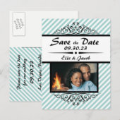 Lichtblauwe witte gestreepte Save the Date-briefka Aankondigingskaart (Voorkant / Achterkant)