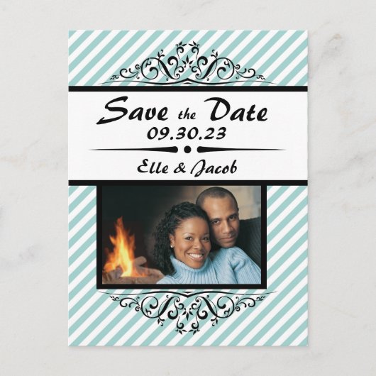 Lichtblauwe witte gestreepte Save the Date-briefka Aankondigingskaart (Voorkant)