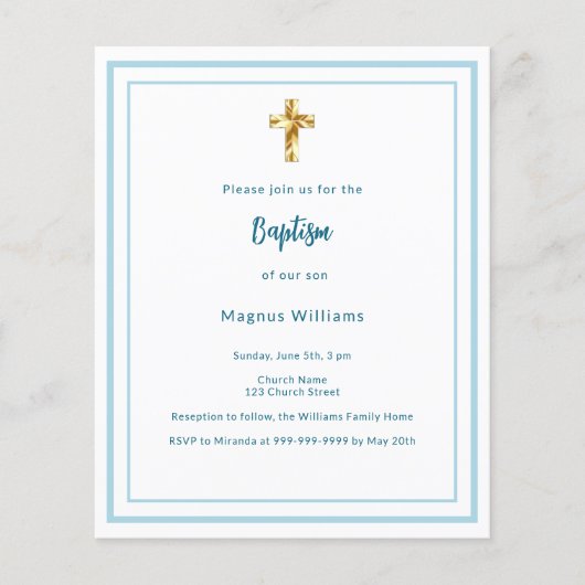 Lichtblauwe witte jongen doopuitnodiging (Voorkant)