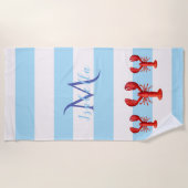 Lichtblauwe witte strepen rode kreeftennaam strandlaken (Voorkant)