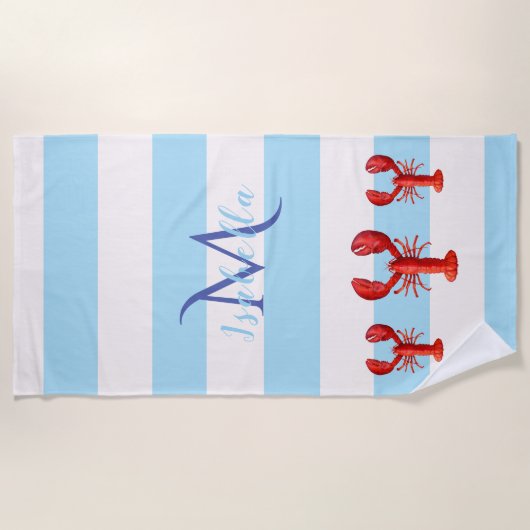 Lichtblauwe witte strepen rode kreeftennaam strandlaken (Voorkant)