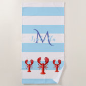 Lichtblauwe witte strepen rode kreeftennaam strandlaken (Voorkant)