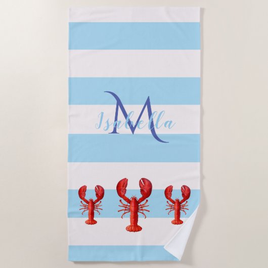 Lichtblauwe witte strepen rode kreeftennaam strandlaken (Voorkant)