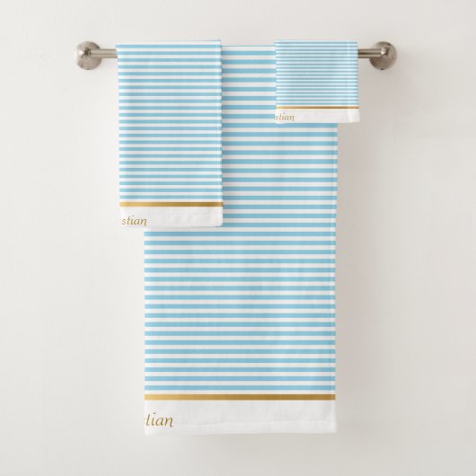 LICHTBLAUWE WITTE STRIPTE PATROON TRIM TOWEL SET BAD HANDDOEK (Insitu)