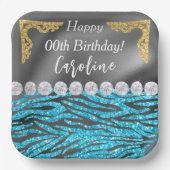 Lichtblauwe zebra print & gouden zilveren verjaard papieren bordje (Voorkant)