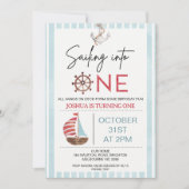 Lichtblauwe zeilboot Zeilen naar een 1e verjaardag Kaart (Voorkant)