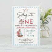 Lichtblauwe zeilboot Zeilen naar een 1e verjaardag Kaart (Staand voorkant)