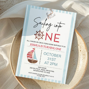 Lichtblauwe zeilboot Zeilen naar een 1e verjaardag Kaart
