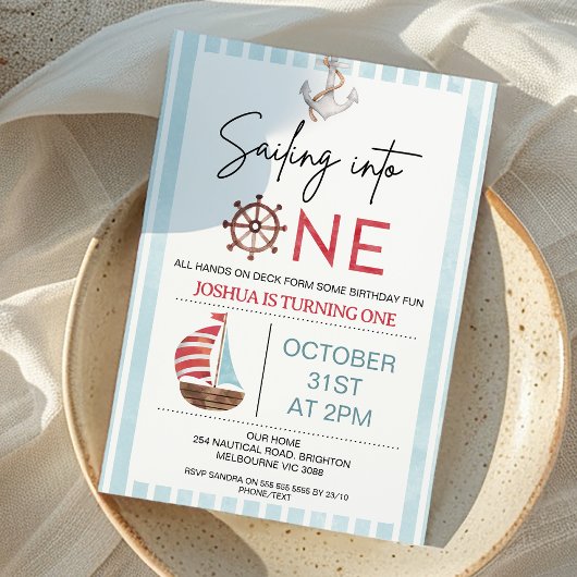 Lichtblauwe zeilboot Zeilen naar een 1e verjaardag Kaart