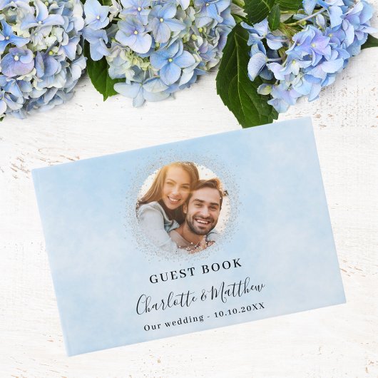 Lichtblauwe zilveren foto schittert bruiloft gastenboek