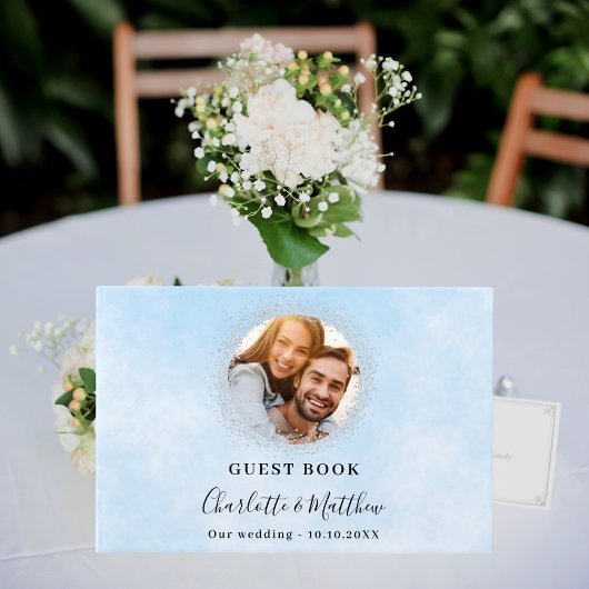 Lichtblauwe zilveren foto schittert bruiloft gastenboek