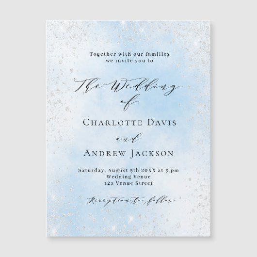 Lichtblauwe zilveren glitter luxe bruiloft magnetische uitnodiging (Voorkant)