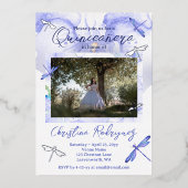 Lichtblauwe, zilveren waterverf orchidee Quinceane Folie Uitnodiging (Voorkant)