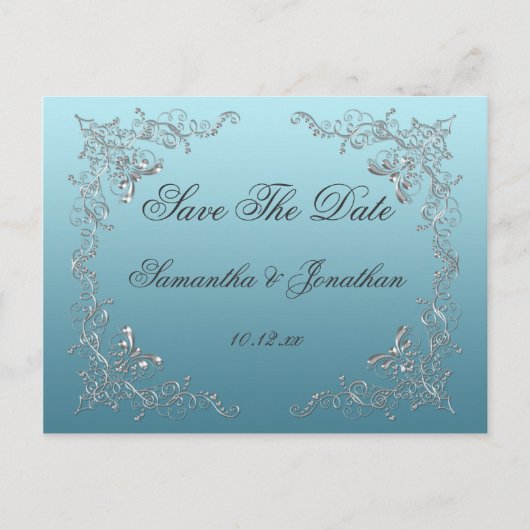 Lichtblauwe zilveren wervelingen Bewaar de datum Aankondigingskaart (Voorkant)