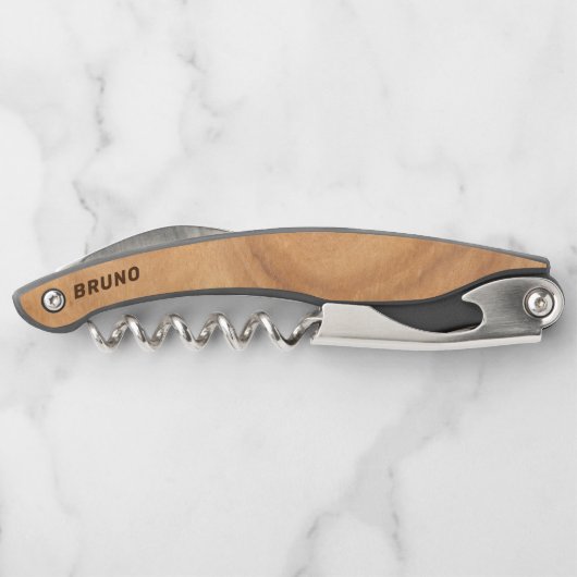 Lichtbruin Faux-houtmonogram Kurkentrekker (Achterkant)