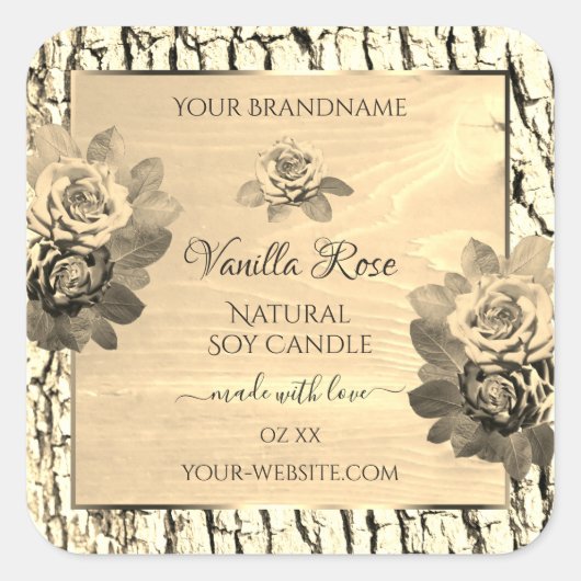 Lichtbruin Houtkorrel Beige Rozen Productlabels Vierkante Sticker (Voorkant)