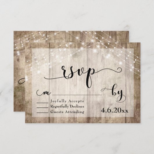 Lichtbruin Rustiek Hout & Lichten Bruiloft RSVP (Voorkant / Achterkant)