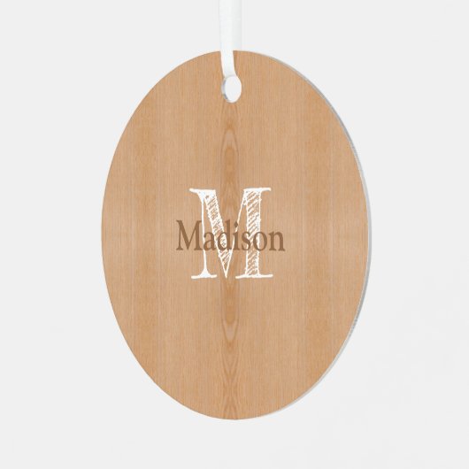 Lichtbruine houtnerf Custom Monogram Metalen Ornament (Voorkant links)