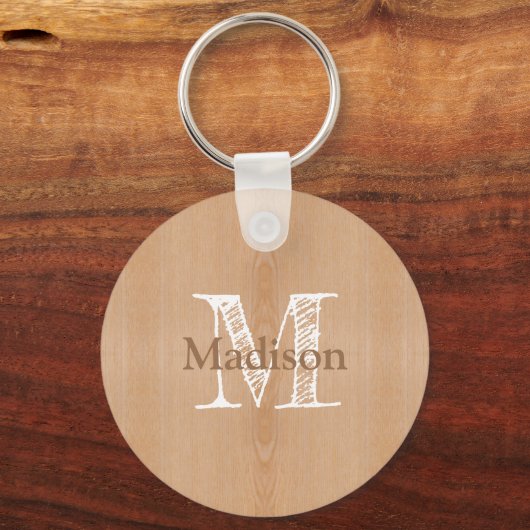 Lichtbruine houtnerf Custom Monogram Sleutelhanger (Achterkant)