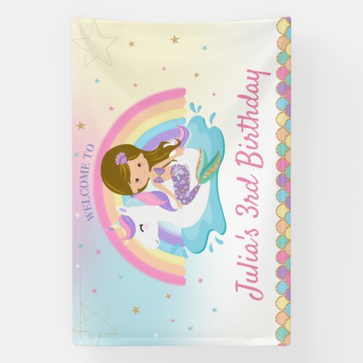 Lichtbruine Zeemeermin Eenhoorn Zwembad Verjaardag Spandoek (Verticaal)