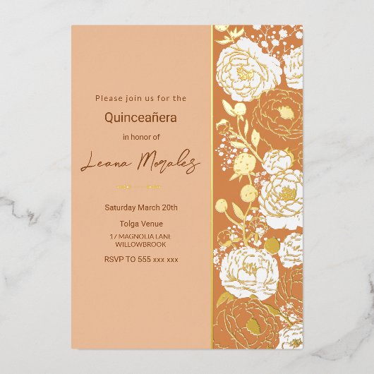 Lichte abrikoos Quinceañera Folie Uitnodiging (Voorkant)