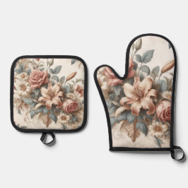 Lichte Antiek bloemen perfectie Ovenwant & Pannenlap Set