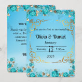 Lichte Baby Blauw Bloemen Goud Trouwkaart Kaart (Voorkant / Achterkant)