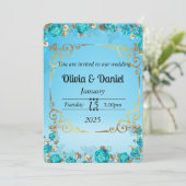 Lichte Baby Blauw Bloemen Goud Trouwkaart Kaart (Staand voorkant)