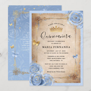 Lichte Baby Blauw en Goud Roos Elegante Quinceaner Kaart