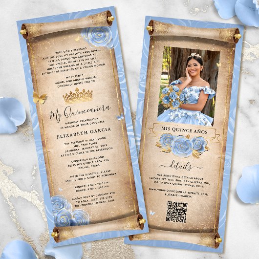 Lichte Baby Blauw Goud Quince Scroll Invitation Ka Kaart