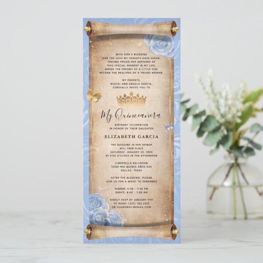 Lichte Baby Blauw Goud Quince Scroll Invitation Ka Kaart (Staand voorkant)