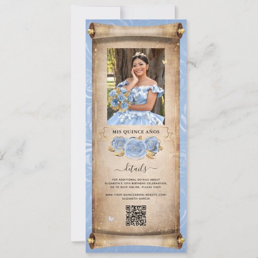 Lichte Baby Blauw Goud Quince Scroll Invitation Ka Kaart (Achterkant)