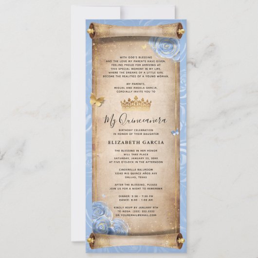 Lichte Baby Blauw Goud Quince Scroll Invitation Ka Kaart (Voorkant)