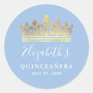 Lichte baby Blue Gold Elegant Crown Quinceanera Ronde Sticker