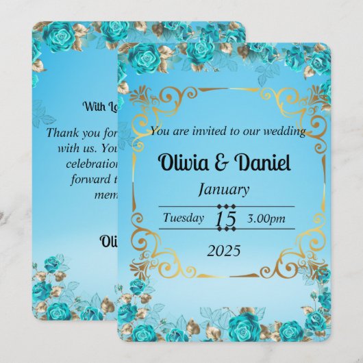 lichte babyblauwe bloemengouden trouwkaart kaart (Voorkant / Achterkant)