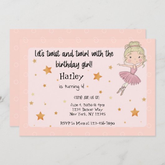 Lichte Ballerina Party Uitnodiging (Voorkant / Achterkant)