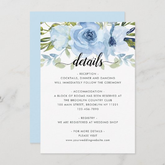 Lichte blauwe marinevlek Waterverf bruiloft detail Informatiekaartje (Voorkant / Achterkant)