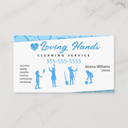Lichte blauwe reiniging in handen van liefhebbers visitekaartje (Voorkant)