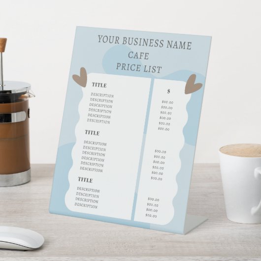 Lichte blauwe zakelijke prijslijst bevestigen reclamebord met voetstuk (Insitu)