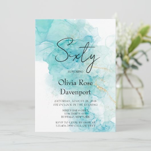 Lichte Blauwgroen en Gold Alcohol Ink 60e verjaard Kaart (Staand voorkant)